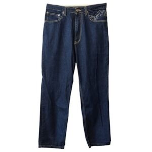 Brooklyn Xpress Jeans Men's Size 34x32 Baggy Dark Blue Jeans Embroidered Pockets